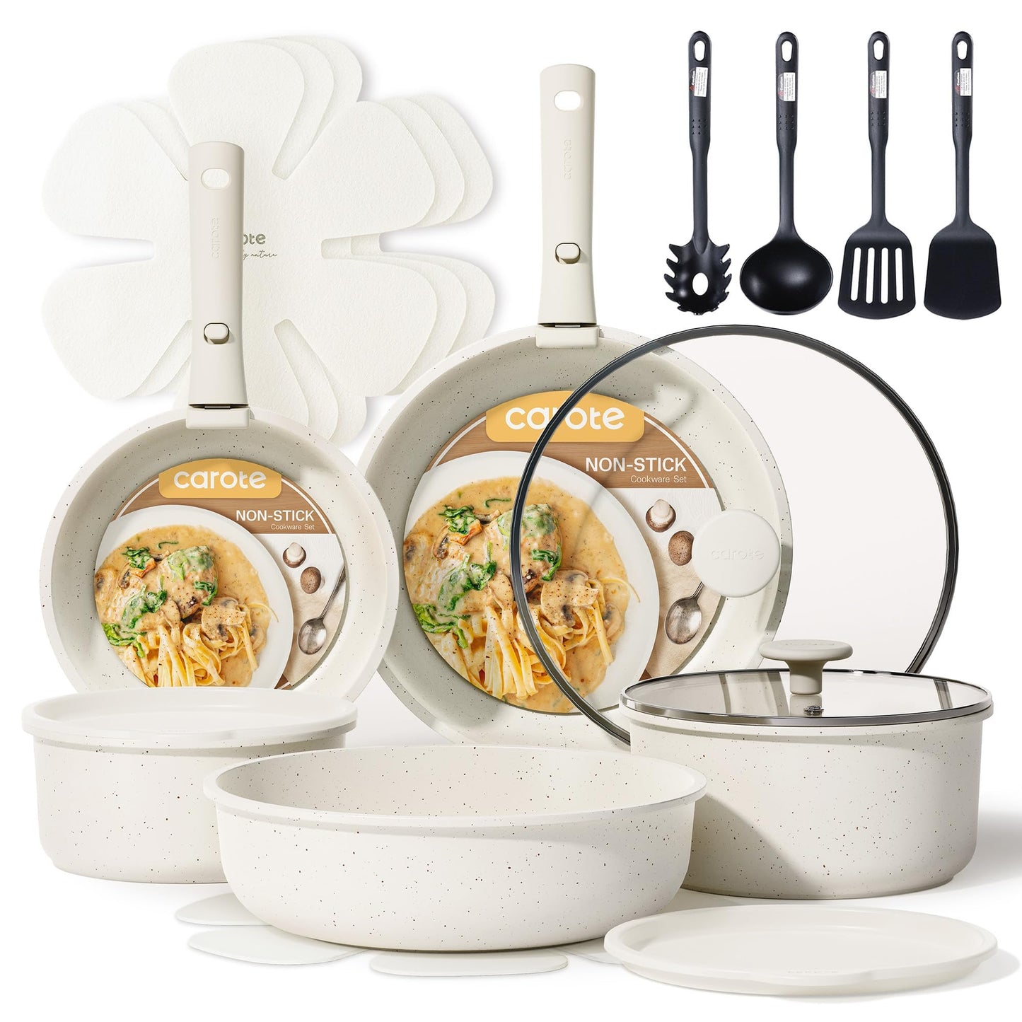 CAROTE 19pcs Pots and Pans Set, Nonstick Cookware Set Detachable Handle, Induction Kitchen Cookware Sets Non Stick with Removable Handle, RV Cookware Set, Oven Safe