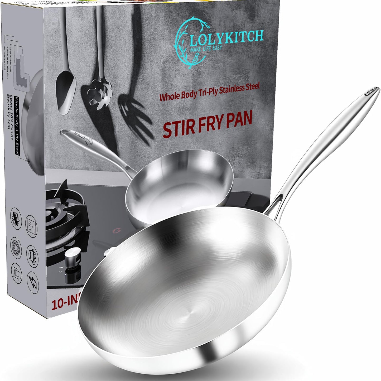 LOLYKITCH 8+10+12 Inch Tri-Ply Stainless Steel Frying Pan Set– Professional Skillet Fast & Even Heating, Induction & Oven Safe Cookware for Modern Home Kitchens, Detachable Handle