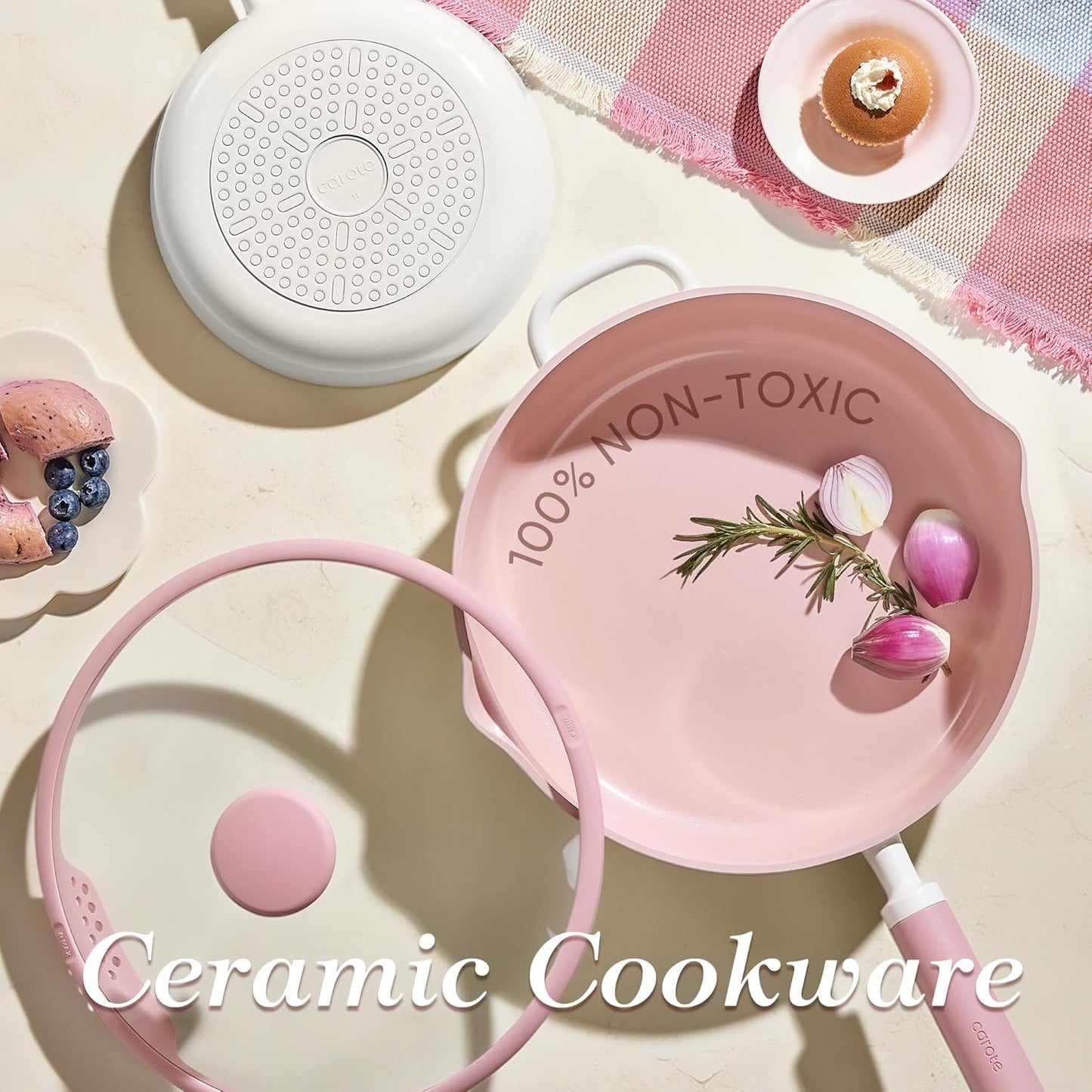 CAROTE 11 Inch Nonstick Deep Frying Pan with Lid, 5 Qt Chef Saute Pan with Pour Spout, Skillet Induction Cookware, Non Stick Cooking Pan Kitchen Pan, Healthy & PFOA/PFAS Free, Includes Spatula, Pink