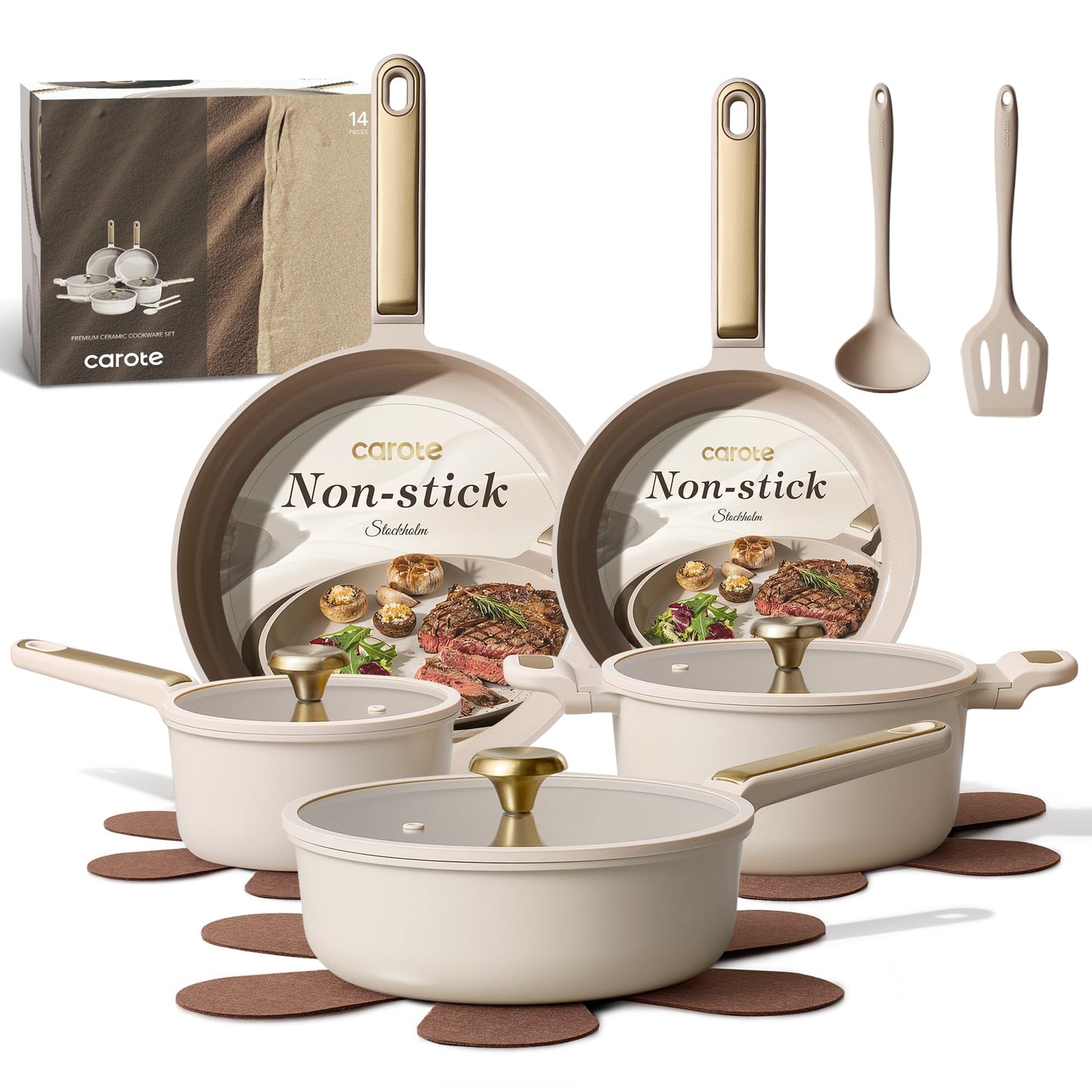 CAROTE 14 Pcs Pots and Pans Set Nonstick,Cookware Set Kitchen Cooking Set with Utensil and Pan Protectors