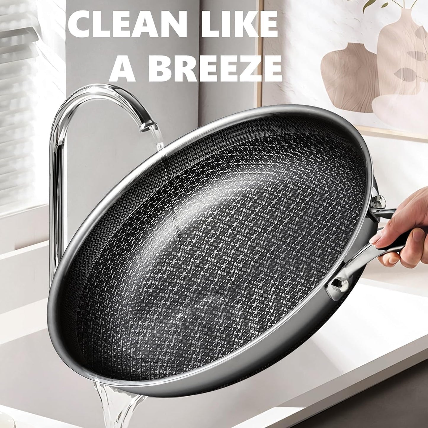 OATOFP Non Stick Frying Pans 12 inch, Hybrid Improved Version Frying Pans Nonstick with Lid,non stick Stainless Steel Skillets, Dishwasher and Oven-Safe Chef Pan, PFOA Free Cookware Improved Version