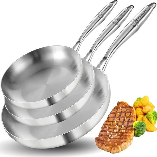 LOLYKITCH 8+10+12 Inch Tri-Ply Stainless Steel Frying Pan Set– Professional Skillet Fast & Even Heating, Induction & Oven Safe Cookware for Modern Home Kitchens, Detachable Handle