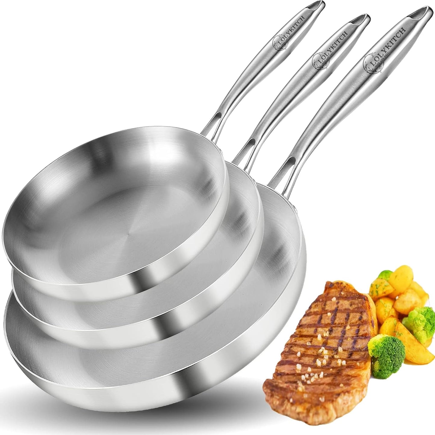 LOLYKITCH 8+10+12 Inch Tri-Ply Stainless Steel Frying Pan Set– Professional Skillet Fast & Even Heating, Induction & Oven Safe Cookware for Modern Home Kitchens, Detachable Handle