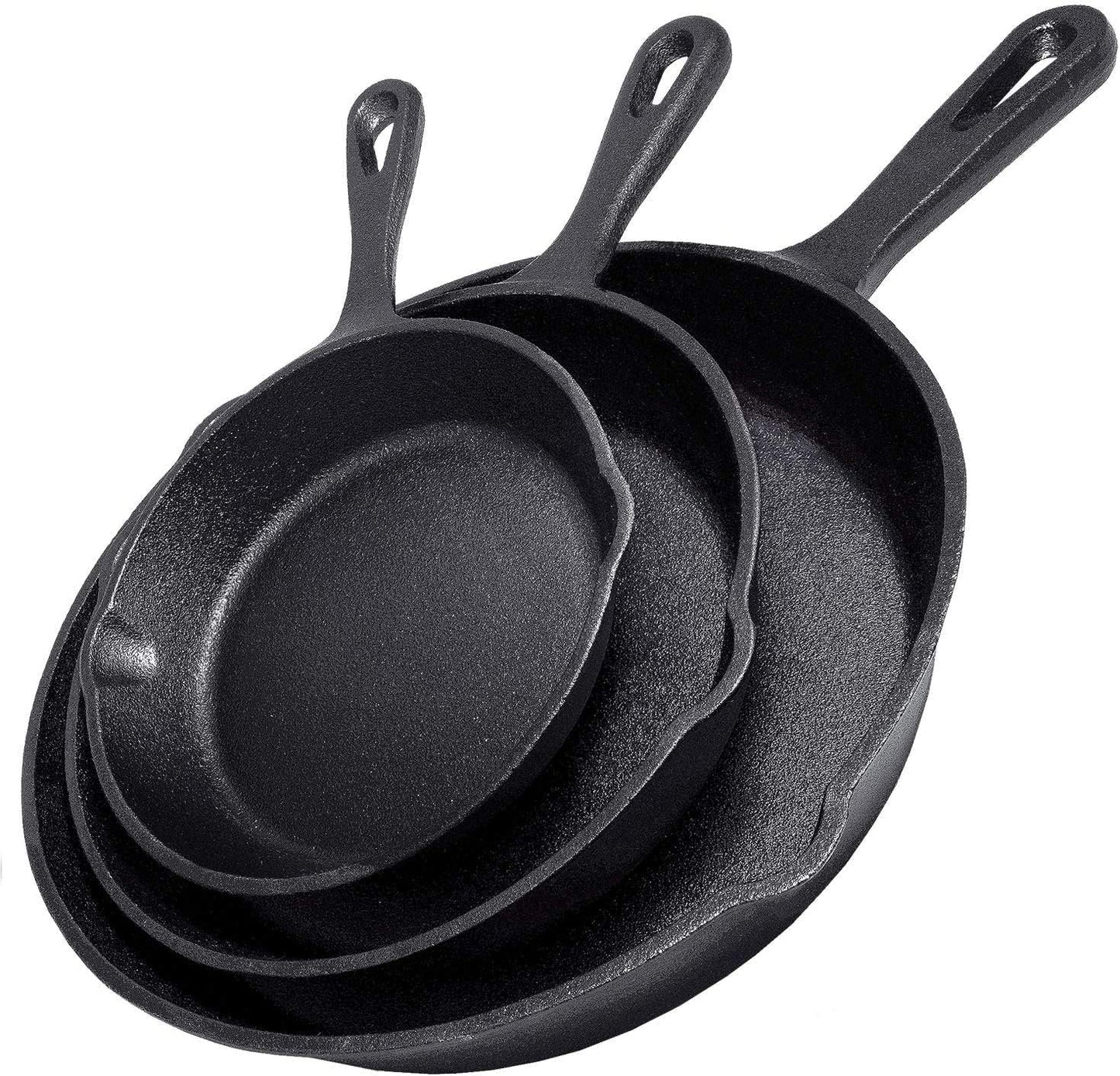 Cast Iron Skillet 3-Piece Set w/Cookbook - Heavy-Duty Professional Restaurant Chef Quality Pre-Seasoned Pan Cookware - 10", 8", 6" Pans - For Frying, Saute, Cooking, Pizza - Black