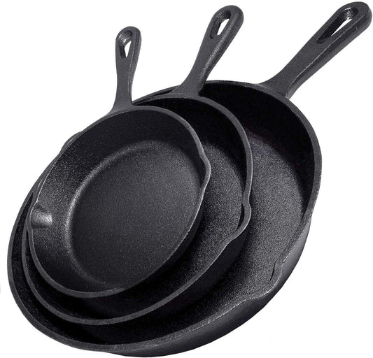 Cast Iron Skillet 3-Piece Set w/Cookbook - Heavy-Duty Professional Restaurant Chef Quality Pre-Seasoned Pan Cookware - 10", 8", 6" Pans - For Frying, Saute, Cooking, Pizza - Black