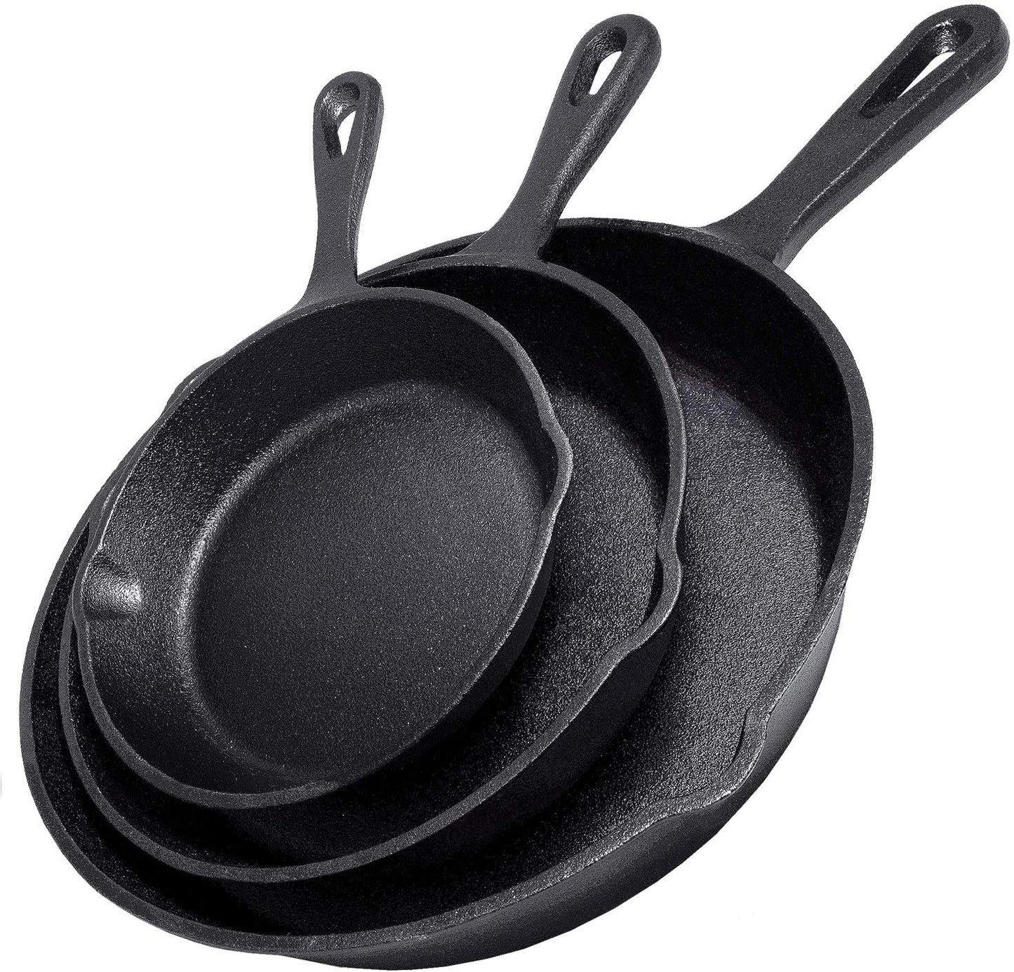 Cast Iron Skillet 3-Piece Set w/Cookbook - Heavy-Duty Professional Restaurant Chef Quality Pre-Seasoned Pan Cookware - 10", 8", 6" Pans - For Frying, Saute, Cooking, Pizza - Black