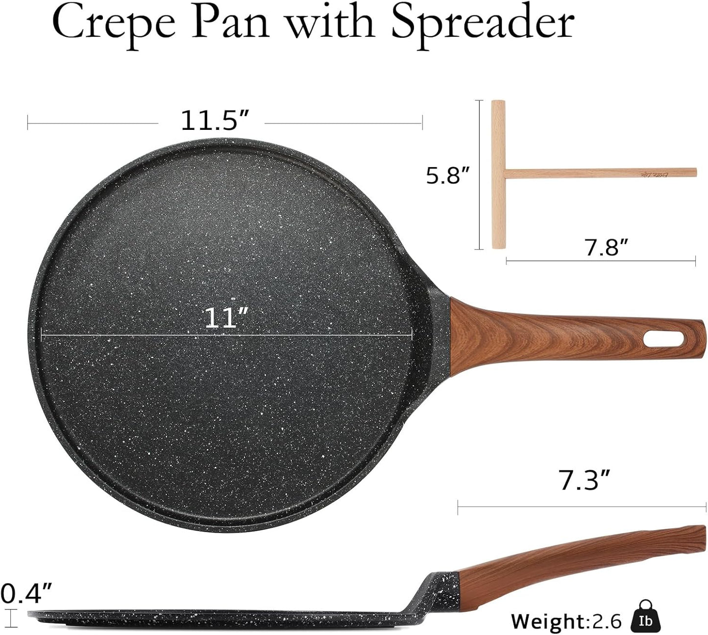 ESLITE LIFE 11 Inch Crepe Pan with Spreader, Nonstick Granite Coating Dosa Pan, Roti Tawa Comal Para Tortillas Pancake Griddle Pan, Induction Compatible, PTFE & PFOA Free, Black