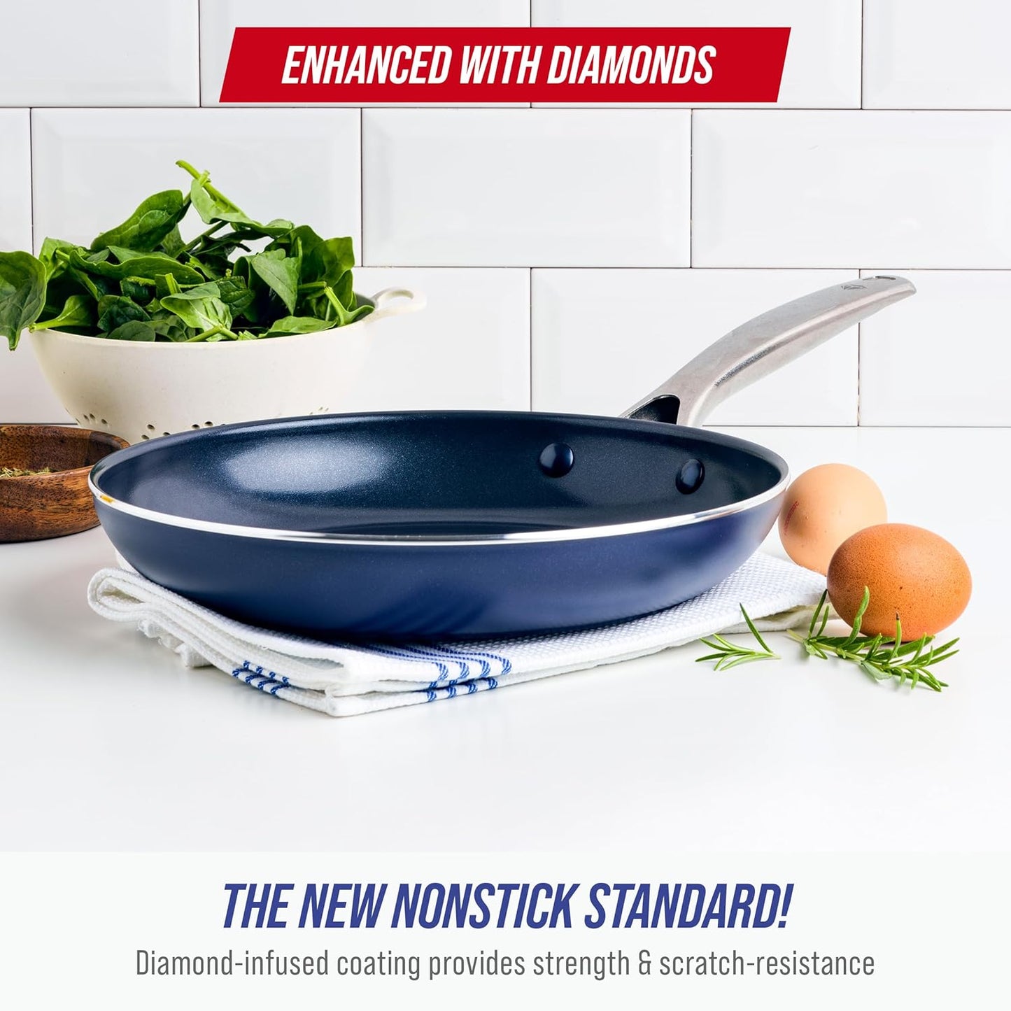 Blue Diamond 12" Nonstick Frying Pan Skillet, Diamond Infused PFAS & PTFE-Free Ceramic Pot, Dishwasher & Oven Safe, Stay Cool Handle, Durable Non Toxic Metal Utensil Safe, Egg & Omelet Pan, Blue