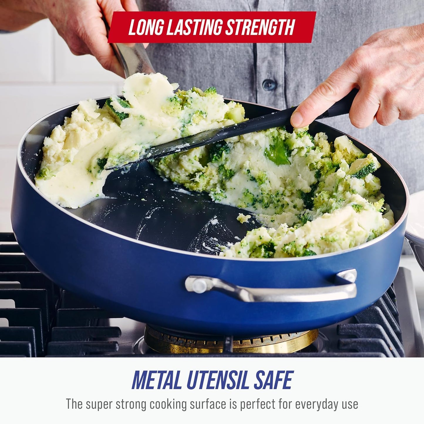 Blue Diamond 5QT Saute Pan with Lid, Non Toxic PFAS-Free Diamond Ceramic Nonstick, Dishwasher & Oven Safe, Metal Utensil Safe, Deep Jumbo Cooker Skillet with Helper Handle, Glass Lid, Blue