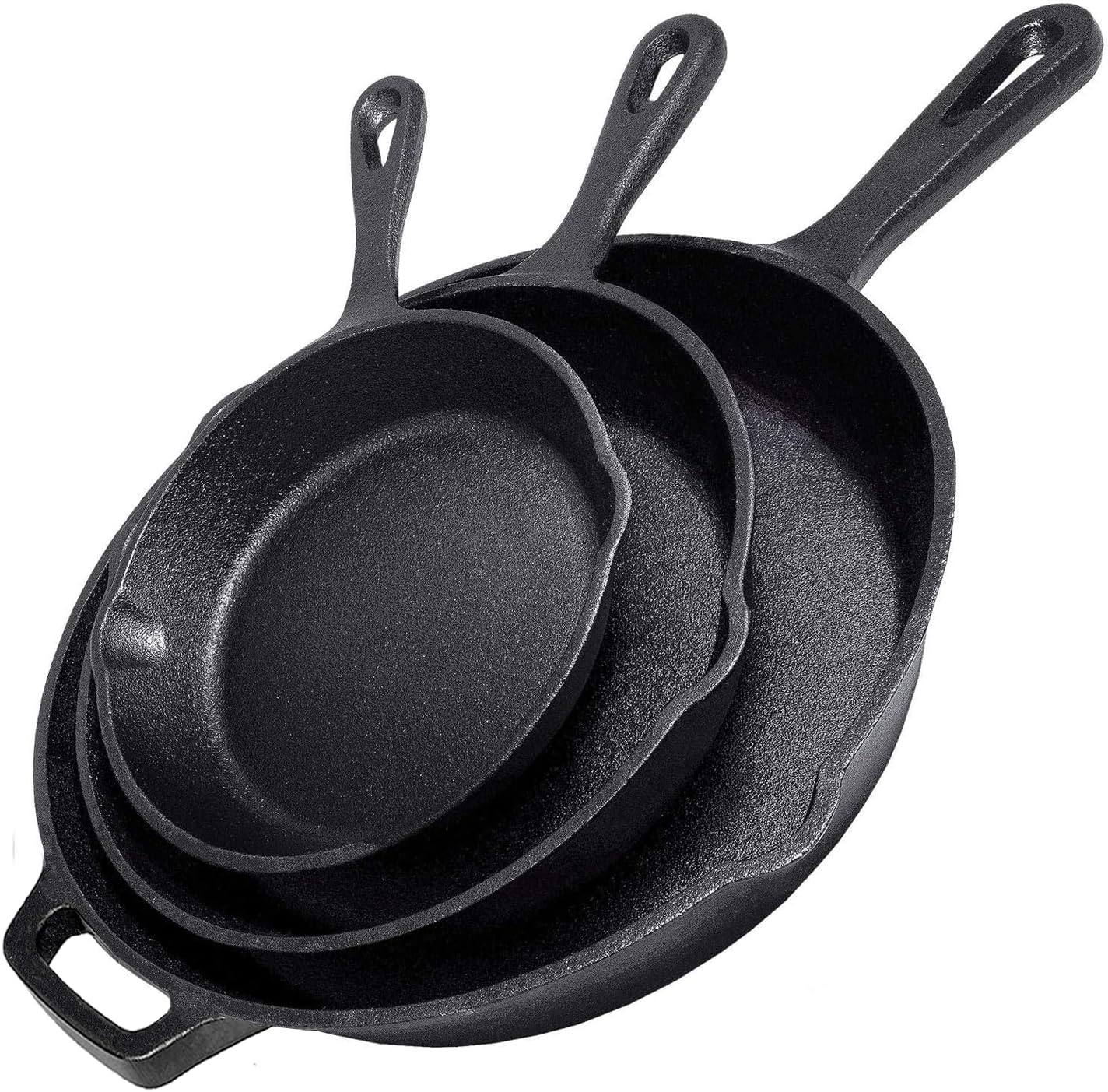 Cast Iron Skillet 3-Piece Set w/Cookbook - Heavy-Duty Professional Restaurant Chef Quality Pre-Seasoned Pan Cookware - 10", 8", 6" Pans - For Frying, Saute, Cooking, Pizza - Black