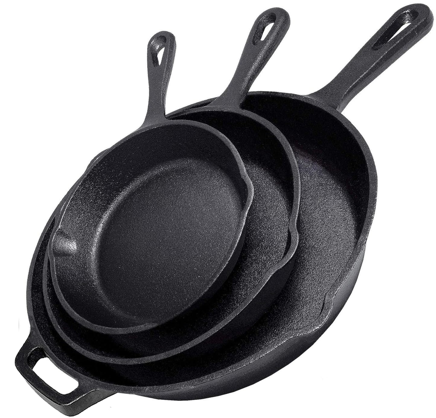 Cast Iron Skillet 3-Piece Set w/Cookbook - Heavy-Duty Professional Restaurant Chef Quality Pre-Seasoned Pan Cookware - 10", 8", 6" Pans - For Frying, Saute, Cooking, Pizza - Black