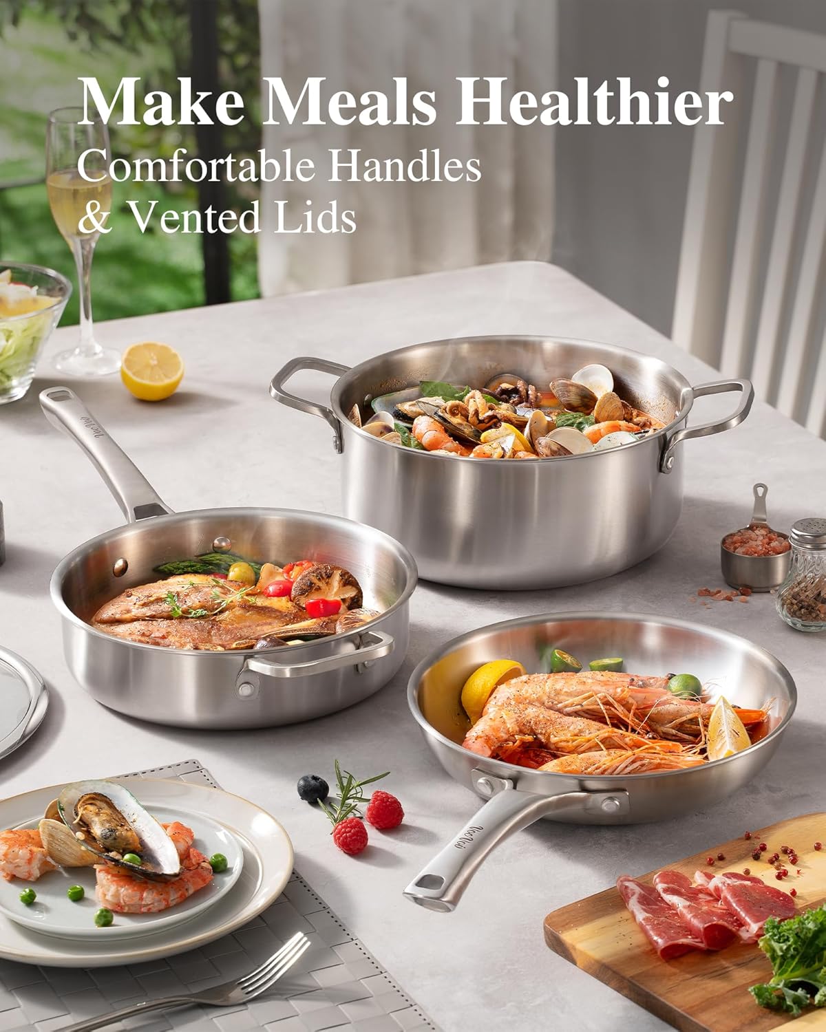 VocVoi Stainless Steel Pan, 12 Inch with Lid Stainless Steel Frying Pan, Non Toxic Tri-Ply Skillet, PFOA&PTFE Free, Oven and Dishwasher Safe, Induction Compatible