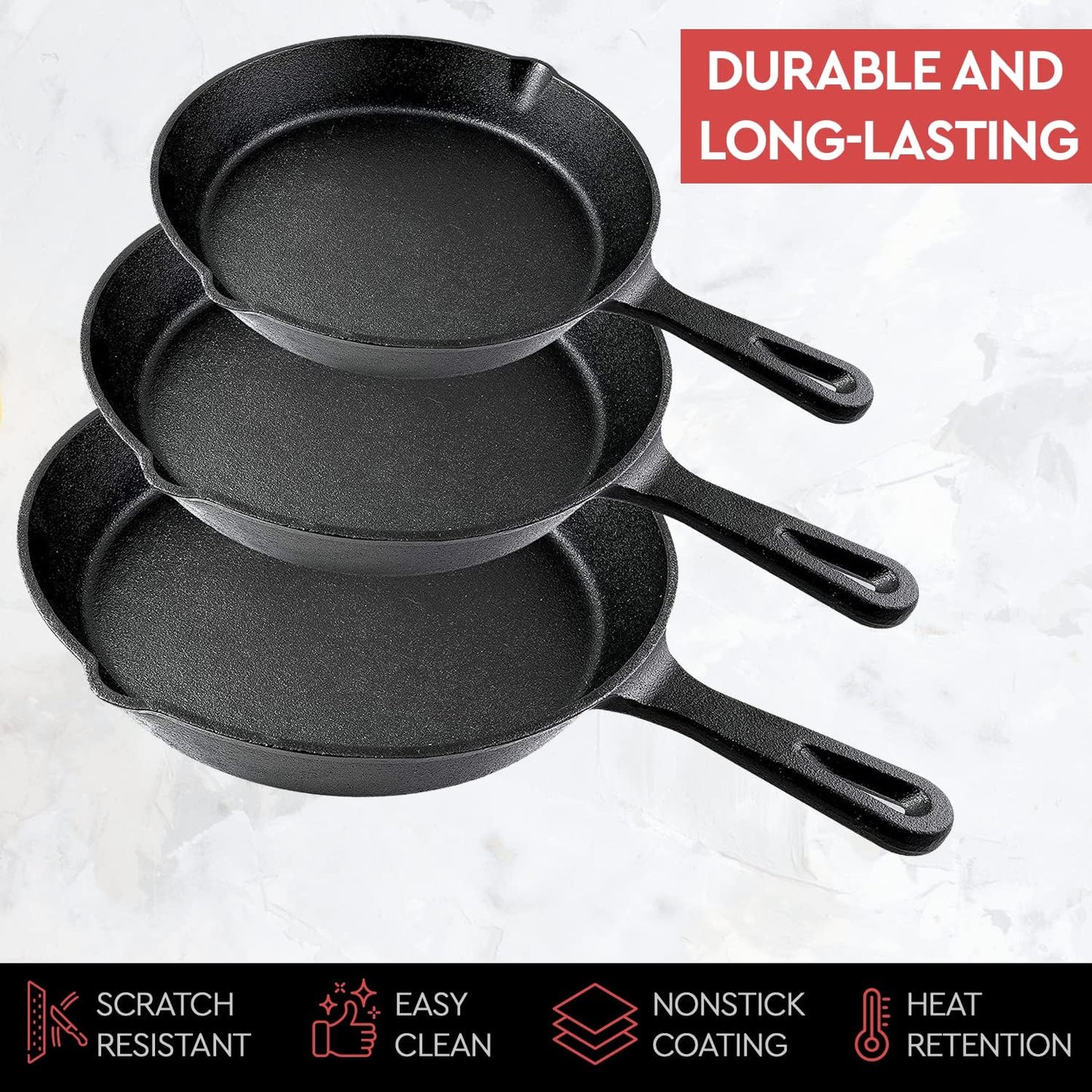Cast Iron Skillet 3-Piece Set w/Cookbook - Heavy-Duty Professional Restaurant Chef Quality Pre-Seasoned Pan Cookware - 10", 8", 6" Pans - For Frying, Saute, Cooking, Pizza - Black