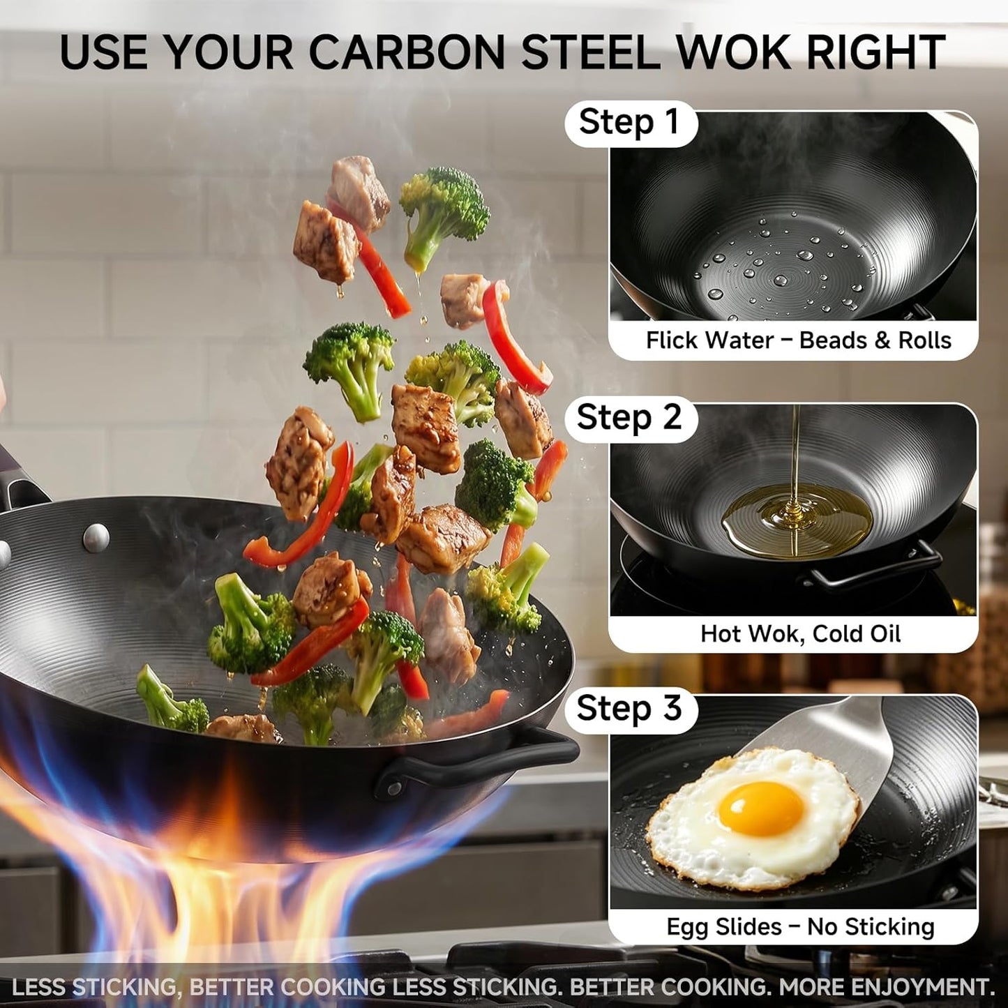 13.5" Carbon Steel Wok Pan - Pre-Seasoned Flat Bottom Woks & Stir-fry Pans Chinese Cookware with Lid & Spatula - For Pan-fry,Stir Fry, Steam, BBQ & Camping - Compatible with Induction, Gas