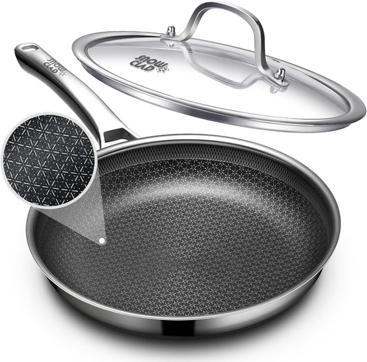 OATOFP Non Stick Frying Pans 12 inch, Hybrid Improved Version Frying Pans Nonstick with Lid,non stick Stainless Steel Skillets, Dishwasher and Oven-Safe Chef Pan, PFOA Free Cookware Improved Version