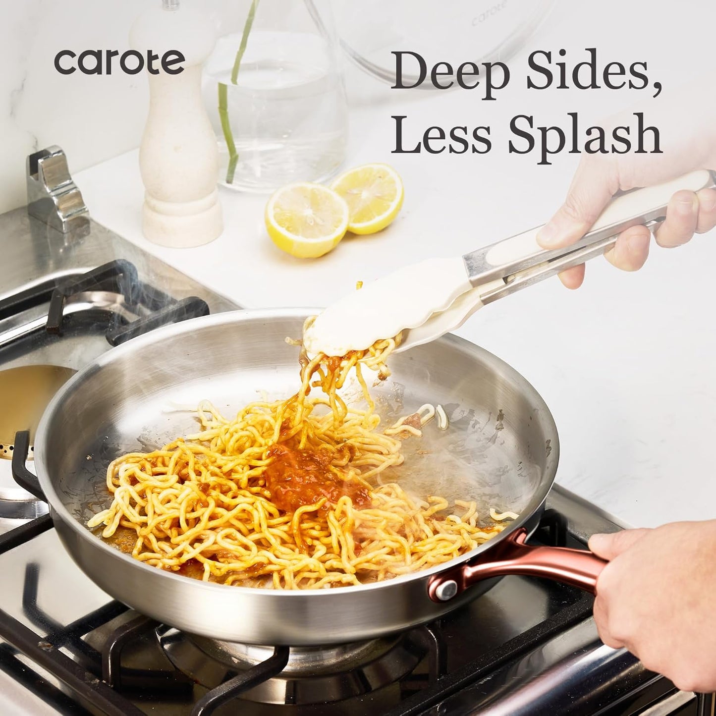 CAROTE 3-Piece Tri-Ply Stainless Steel Frying Pan Set, Skillet Set 8"/10"/12", Induction Compatible, Oven & Dishwasher Safe, Gold Handle, Mothers Day Gifts