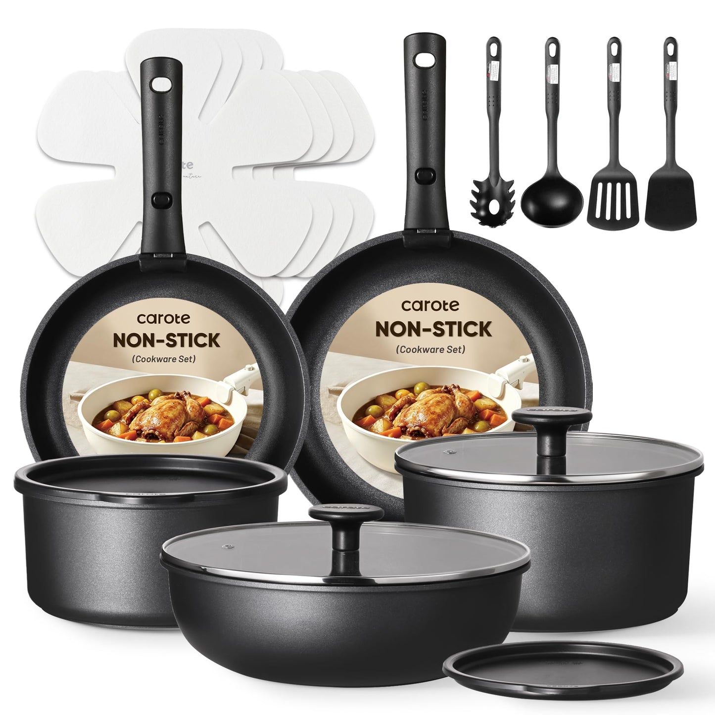 CAROTE 19pcs Pots and Pans Set, Nonstick Cookware Set Detachable Handle, Induction Kitchen Cookware Sets Non Stick with Removable Handle, RV Cookware Set, Oven Safe