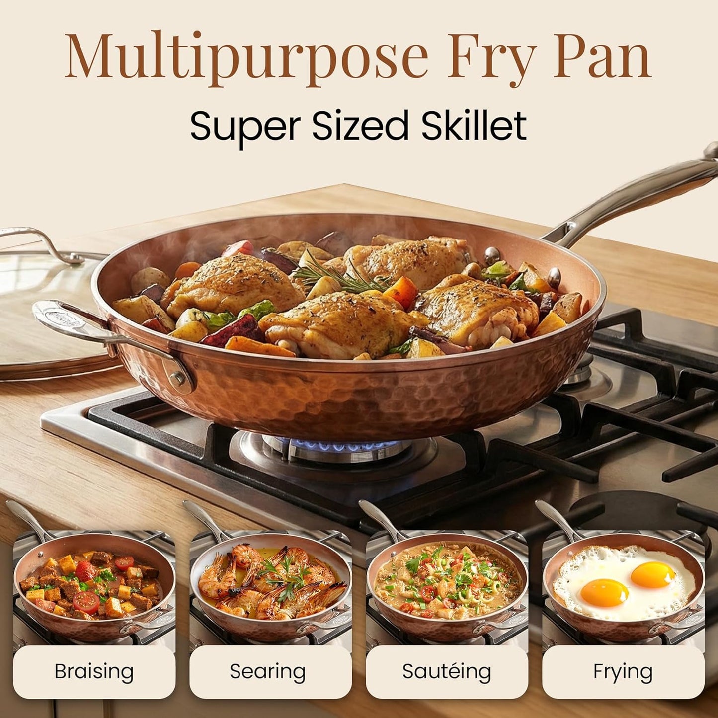 Gotham Steel Hammered Copper 14 Inch Non Stick Frying Pan with Lid, Nonstick Frying Pan with Ceramic Coating and Induction Plate for Even Heating, Oven / Dishwasher Safe, 100% Healthy & Non Toxic