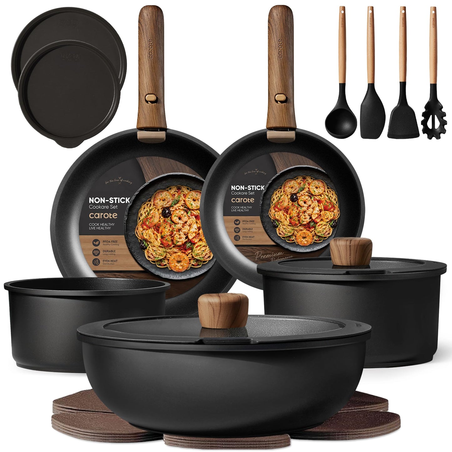 CAROTE 19pcs Pots and Pans Non Stick, Cookware Sets Detachable Handle, Induction Kitchen Pots and Pans,NonStick Cooking Set, Oven/Dishwasher/Fridge Safe, Space Saving