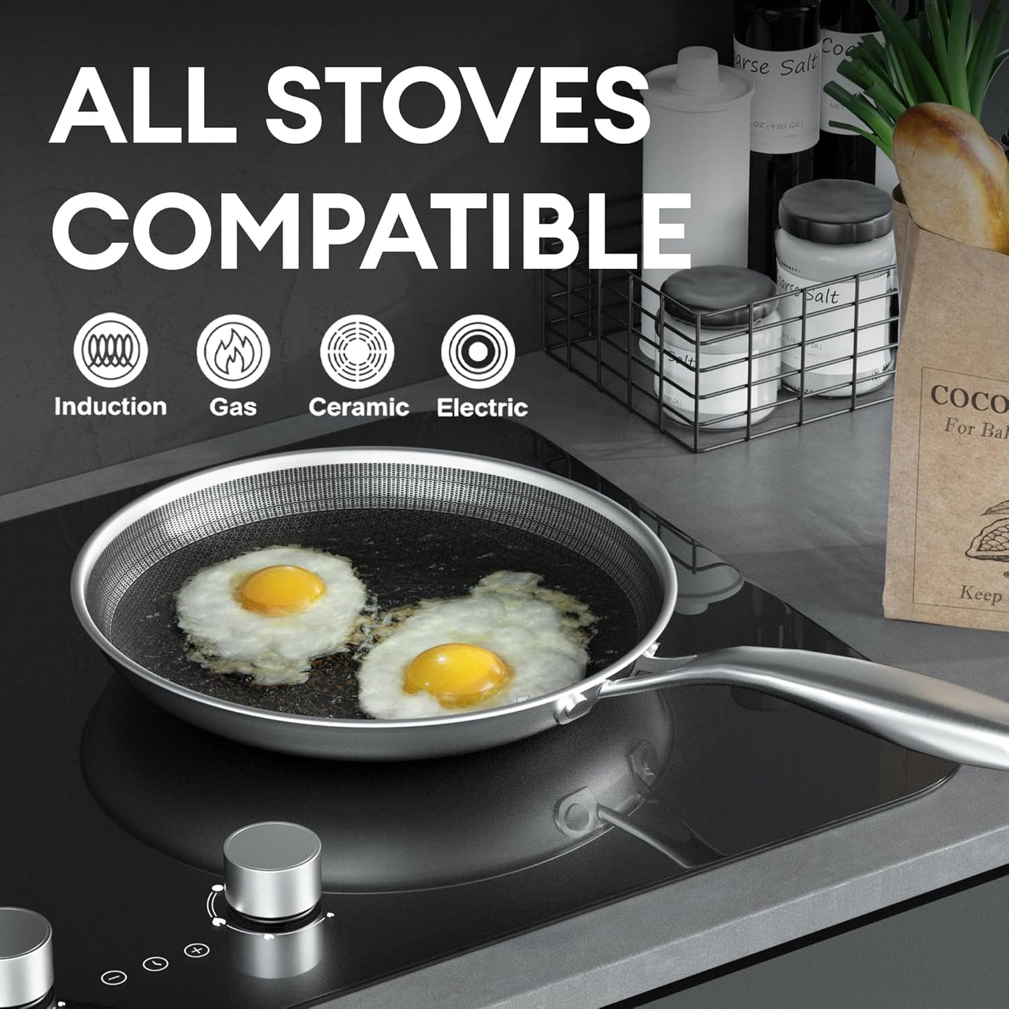 COOKER KING 8-Inch Stainless Steel Pan, Hybrid Nonstick Frying Pan – 3-Ply Clad Cookware, Healthy & Non-Toxic, Dishwasher & Oven Safe, Stay-Cool Handle, Induction Compatible – Metal Utensil Safe