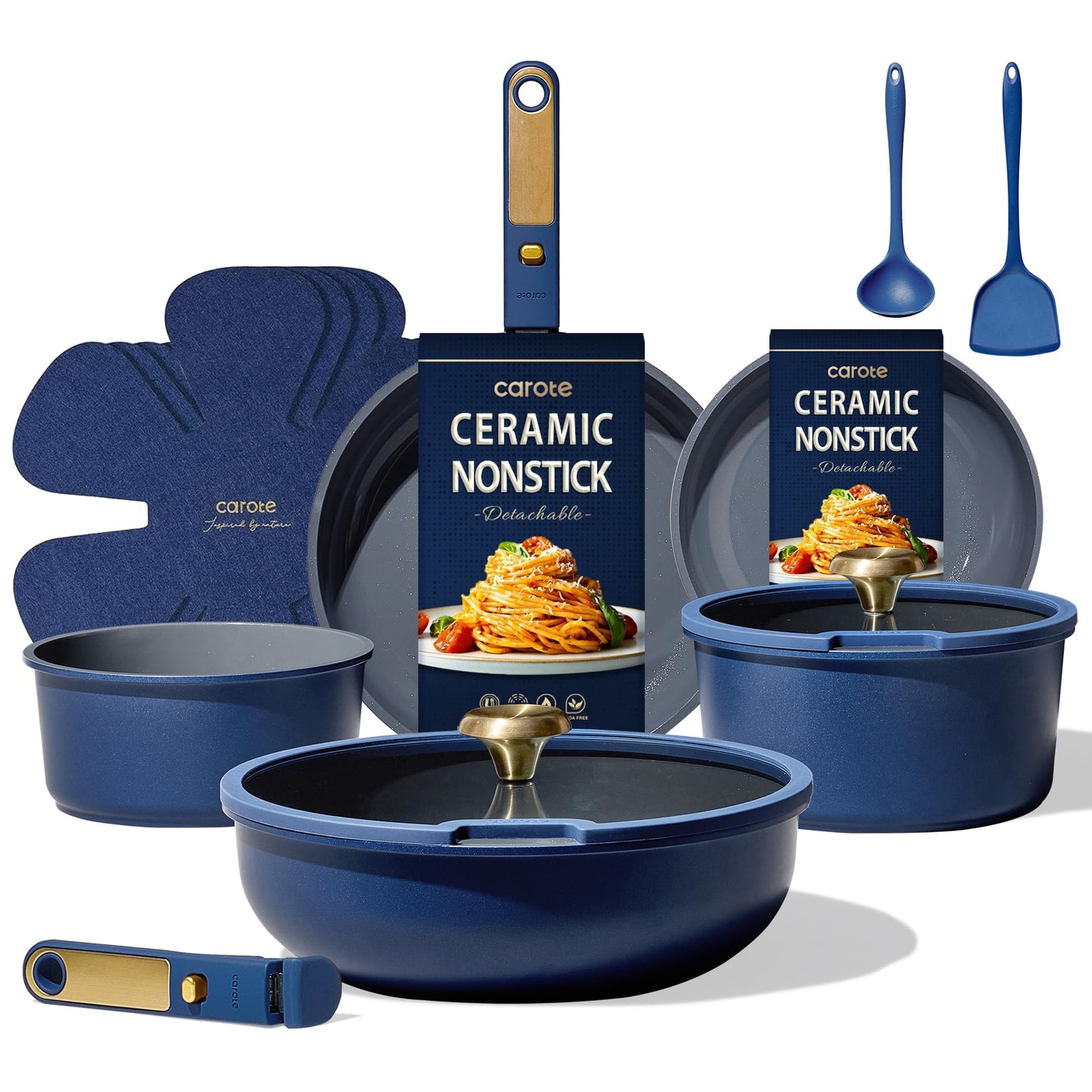 CAROTE Green&Gold Nonstick Cookware Set,15Pcs Pots and Pans Set Non Stick Detachable/Removable Handle,Kitchen Cooking Set Dishwasher Safe, RV Kitchen Pot and Pan, Induction Cookware