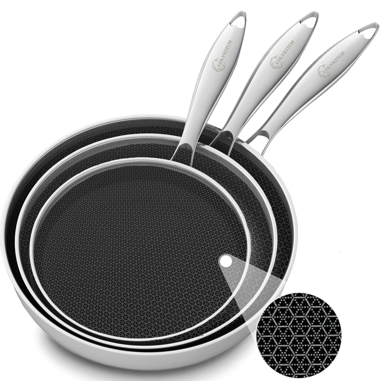 LOLYKITCH 8+10+12 Inch Tri-Ply Stainless Steel Frying Pan Set– Professional Skillet Fast & Even Heating, Induction & Oven Safe Cookware for Modern Home Kitchens, Detachable Handle